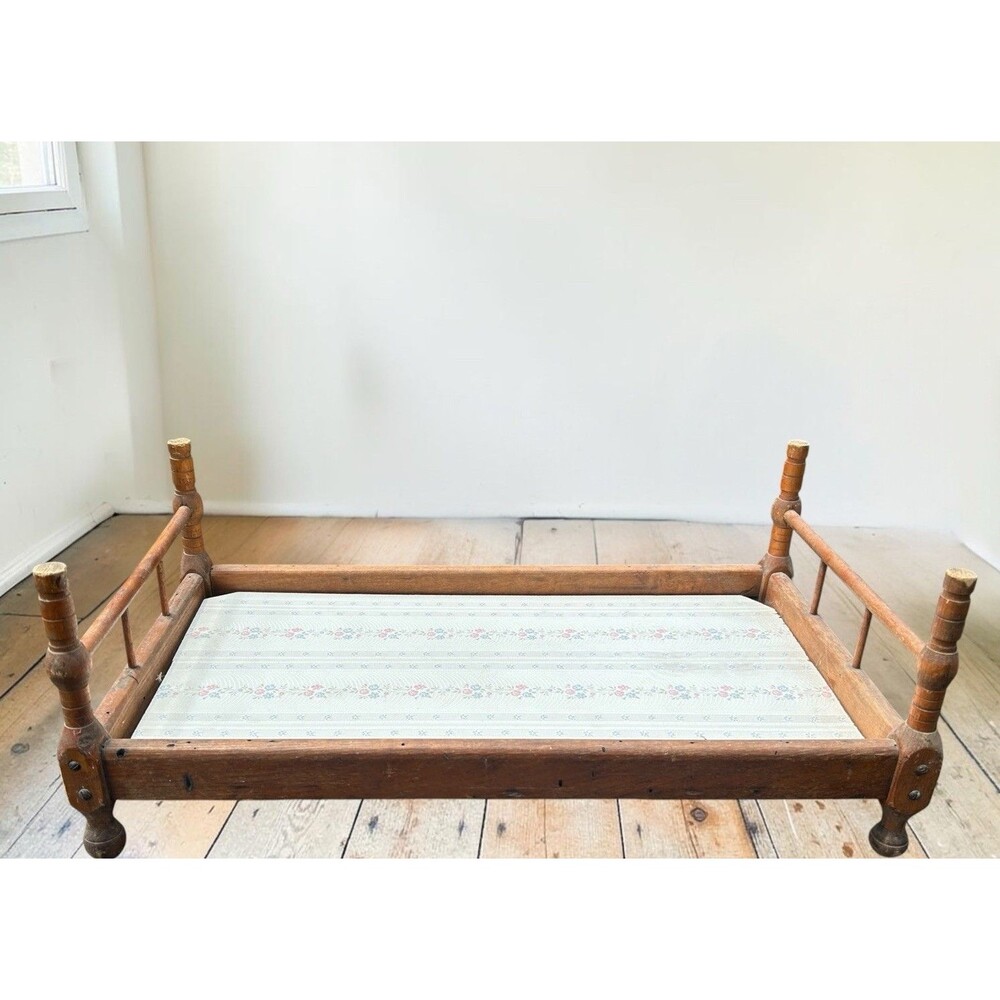 Antique 1880s–1890s Victorian Wood Doll Bed Litho Paper Board Base 24 x 12.5 x 9